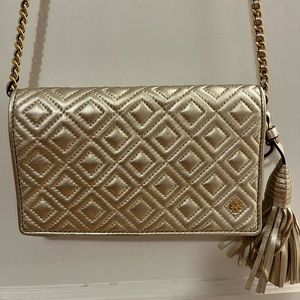 Rare Tori Burch Gold Cross body purse with gold chain